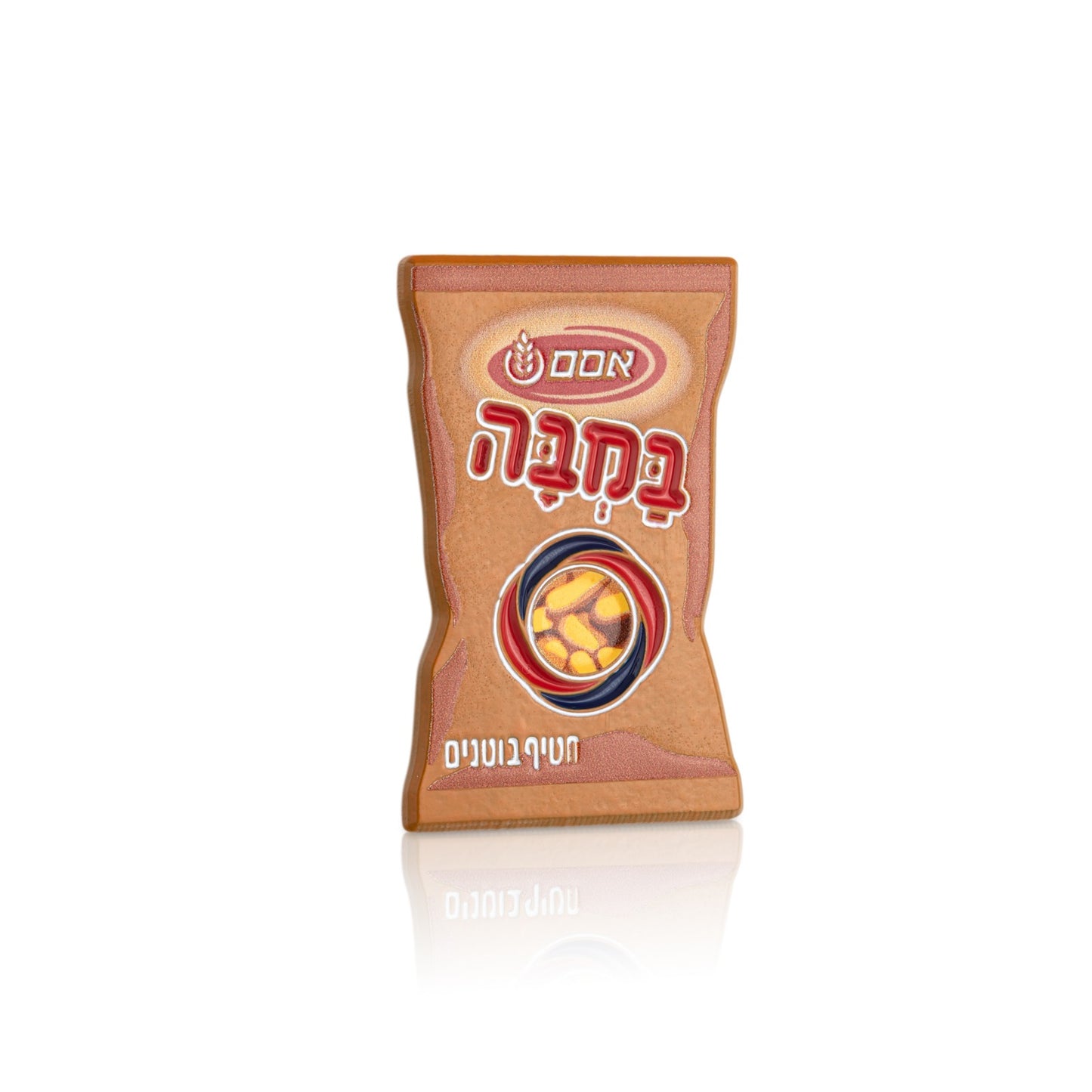 Packaged bamba enamel pin on a white background