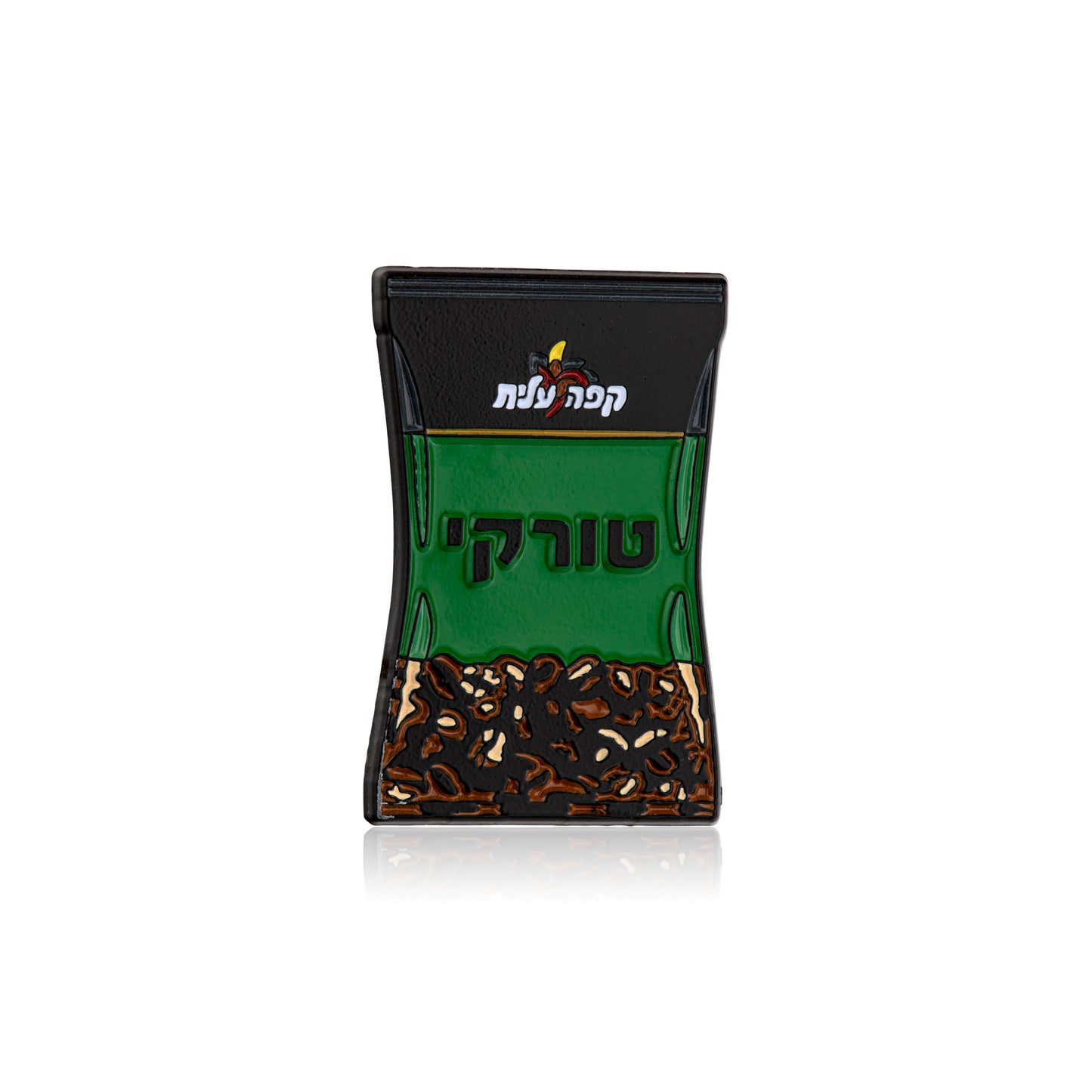 black coffee with cardamon enamel pin. Green on a white background