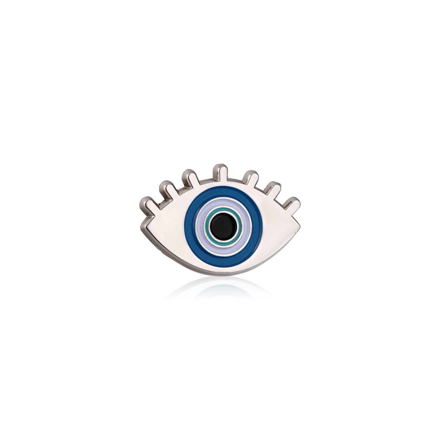 Silver eye-shaped charm with a blue center on a white background