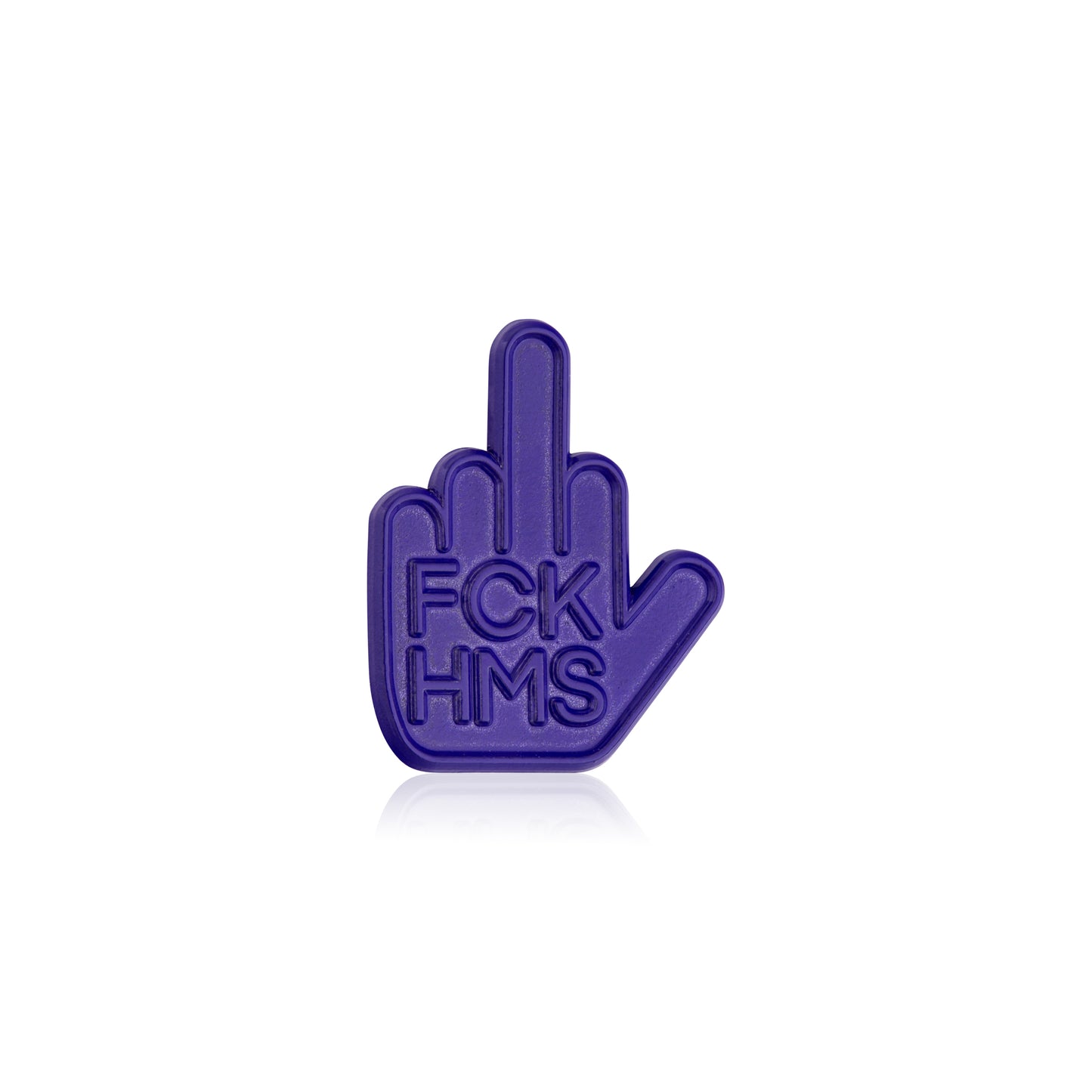 Purple hand-shaped object with 'FCK HMS' text on a white background