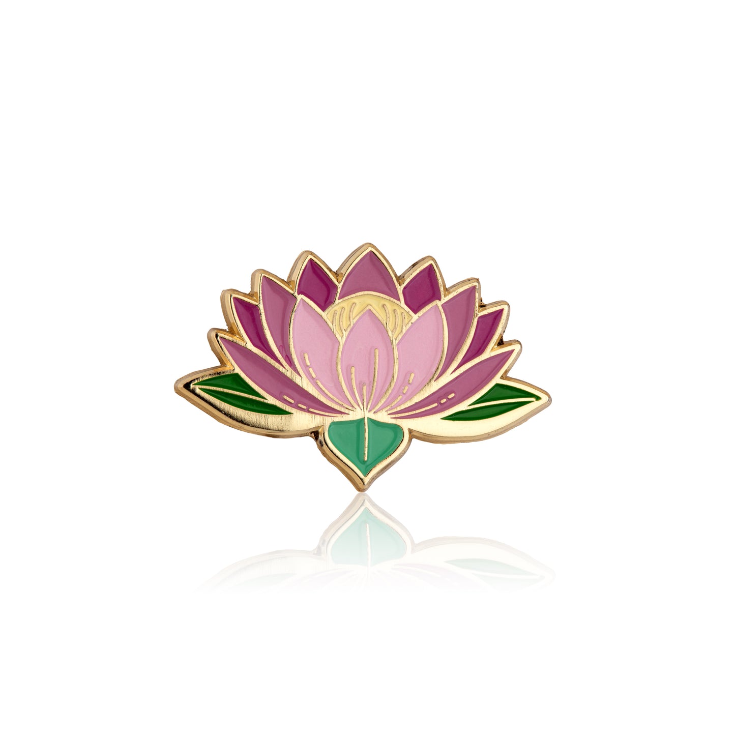 Lotus flower-shaped pin with pink center, green leaves, and gold border on a white background