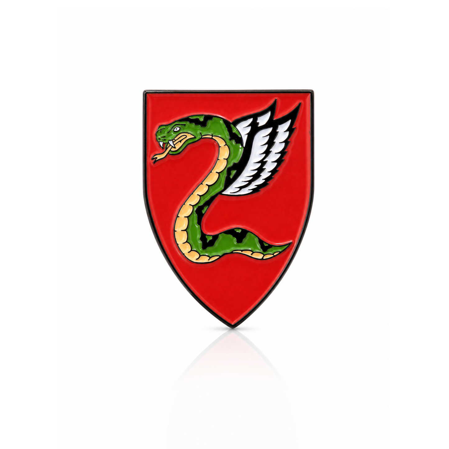 Red shield with a green snake and white wings on a white background