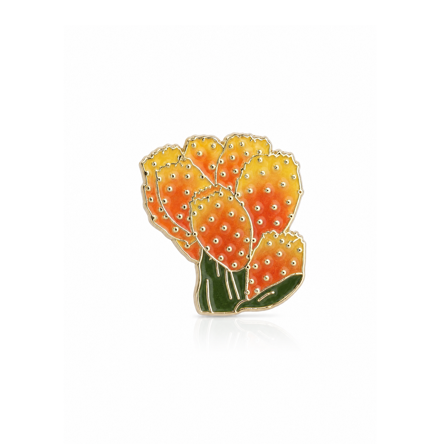 Enamel pin of a cactus with orange and yellow spines on a white background