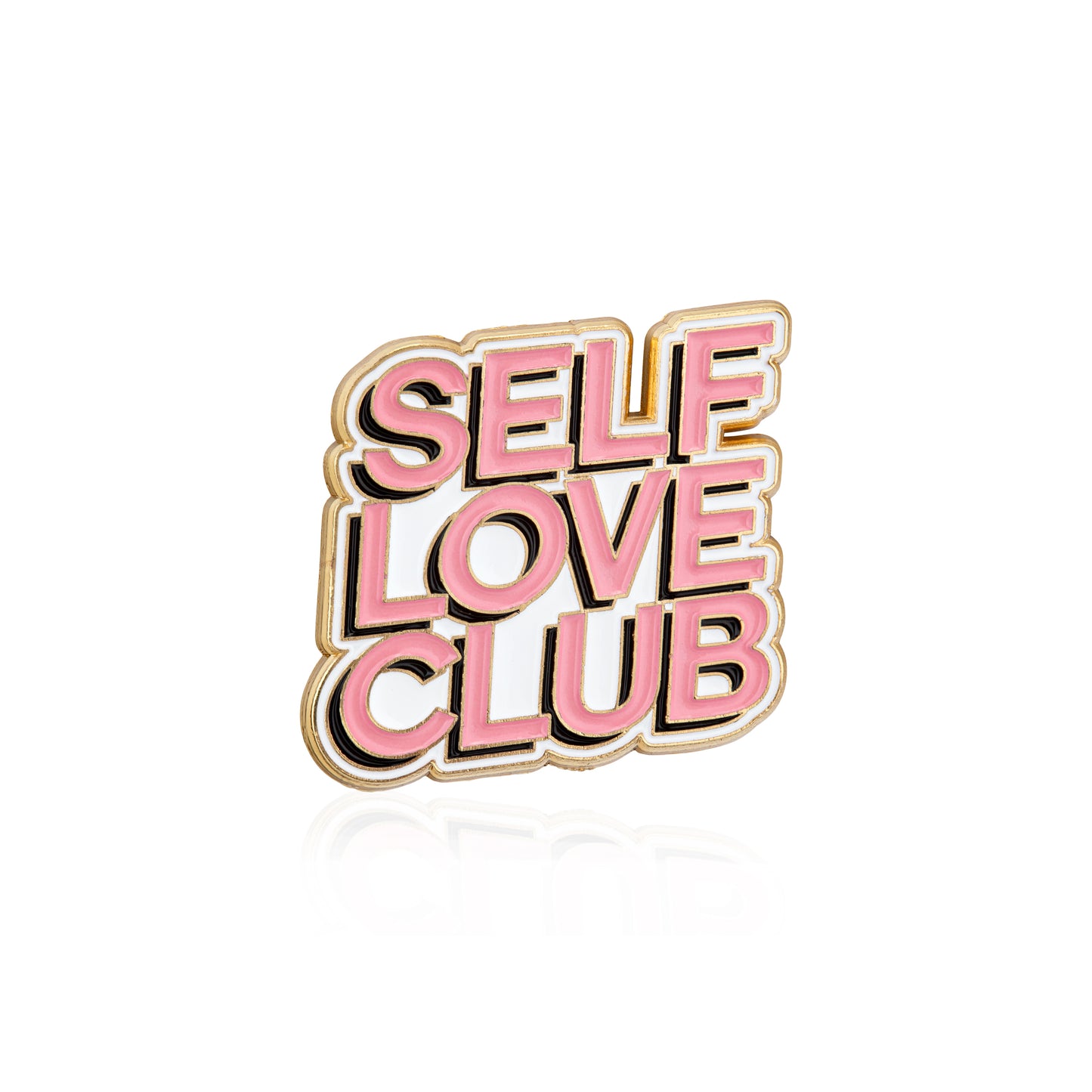Enamel pin with 'SELF LOVE CLUB' text on a white background