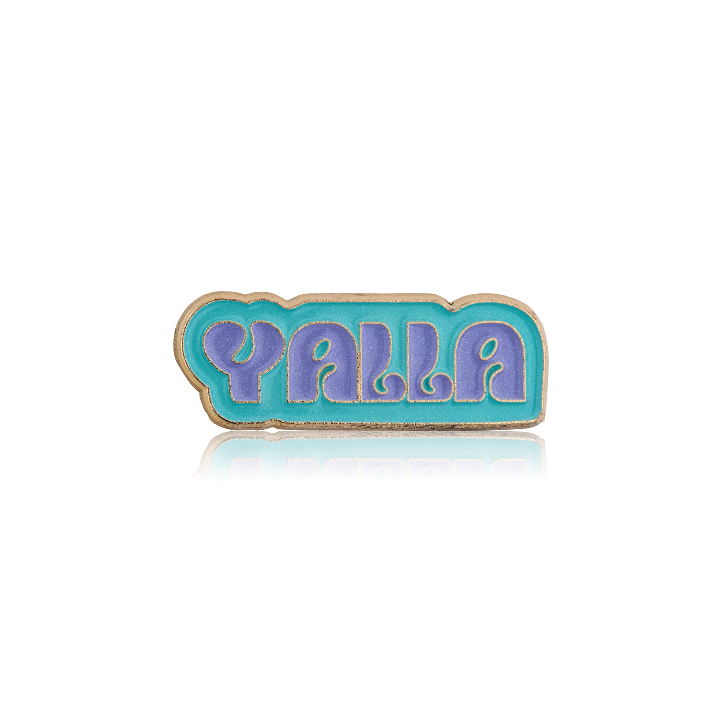 Enamel pin with 'Yalla' text on a white background