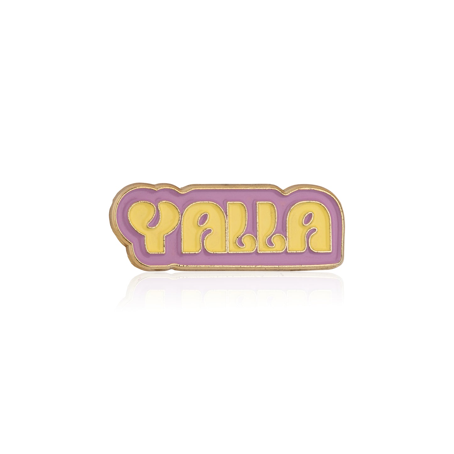 Enamel pin with 'Yalla' text on a white background