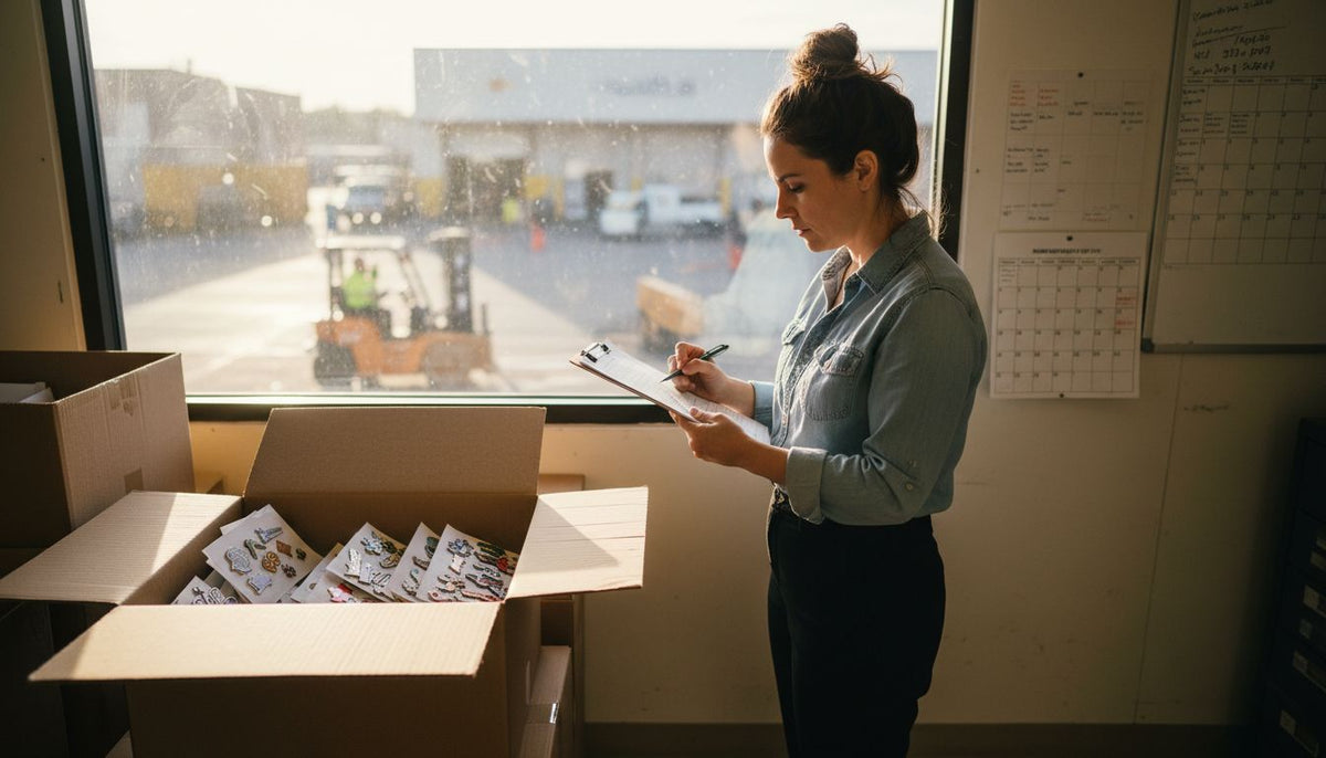 Coordinator reviewing enamel pin bulk order shipment