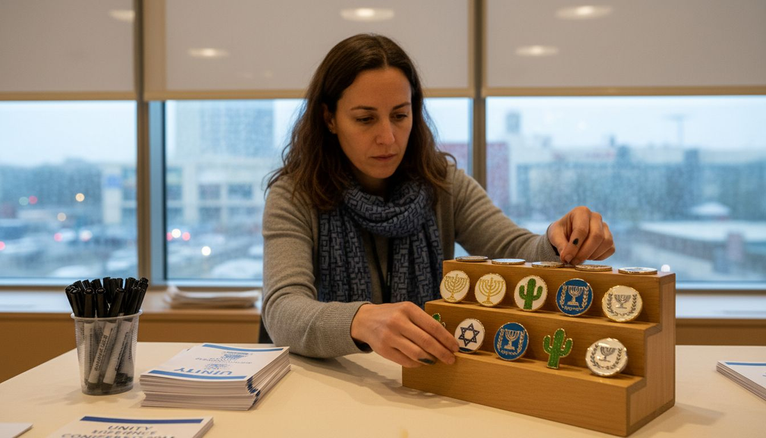 Event organizer arranging Israeli enamel pins display
