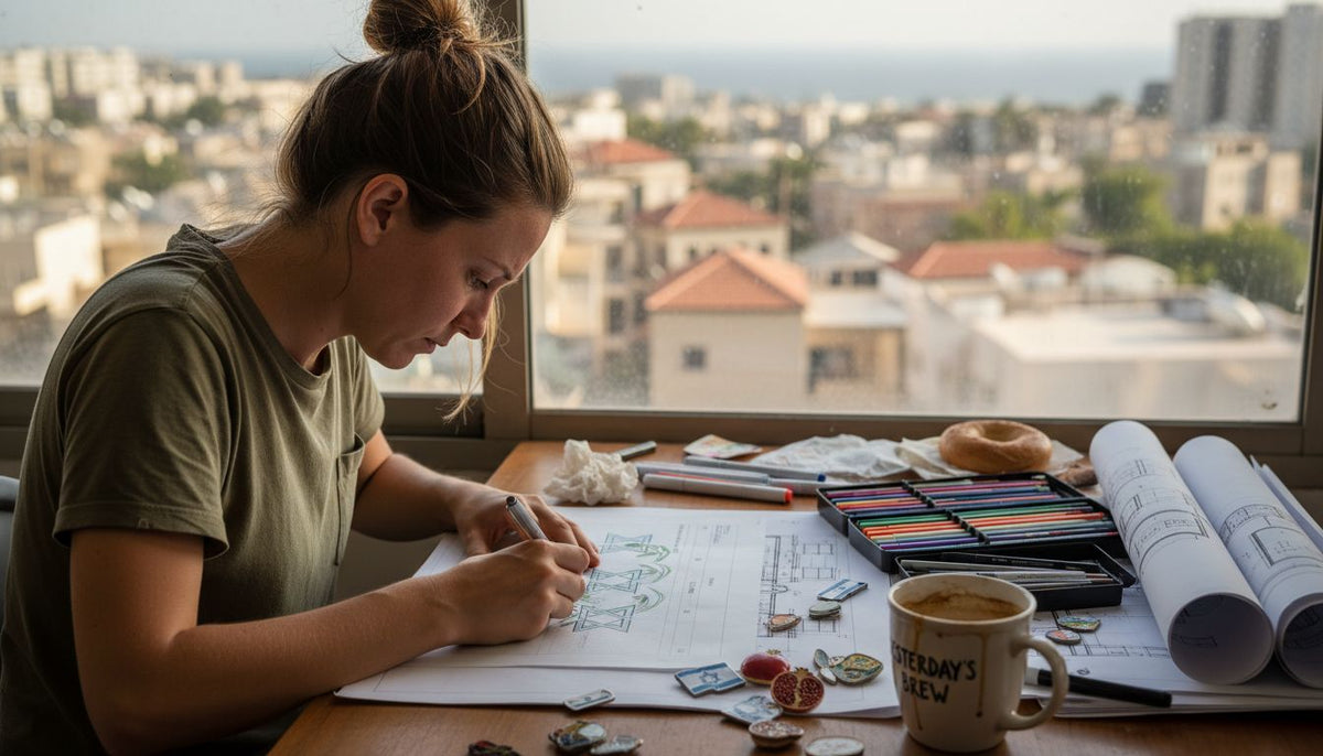 Designer sketching Israeli cultural enamel pins