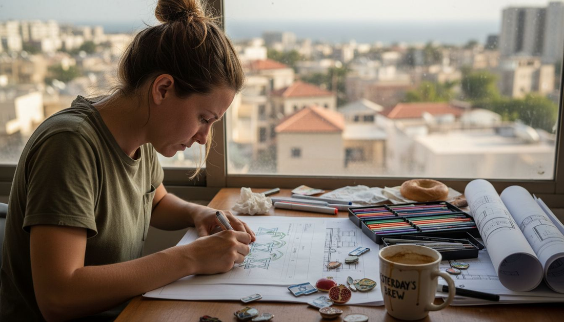 Designer sketching Israeli cultural enamel pins