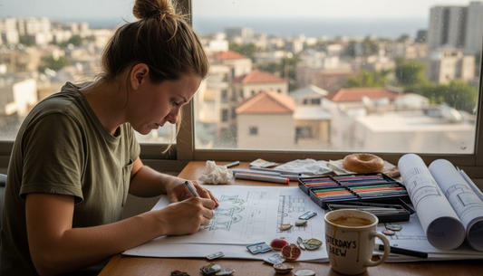 Designer sketching Israeli cultural enamel pins