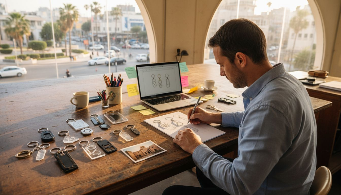 Designer sketching keychain concepts in Israeli studio
