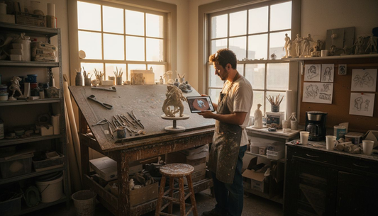 Art director reviews sculpture prototype in busy studio