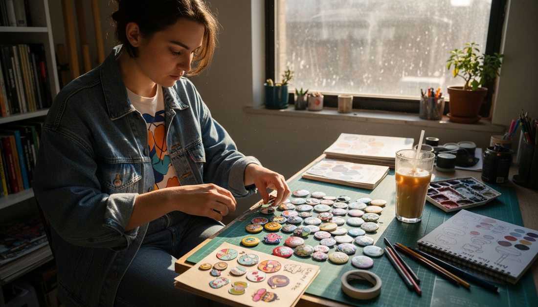 Designer comparing enamel and acrylic pins