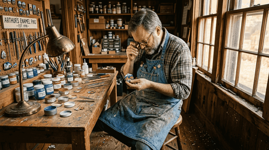 Craftsman inspecting enamel pin at workshop table