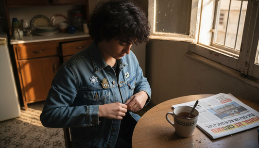 Israeli symbol pins on denim jacket at kitchen table