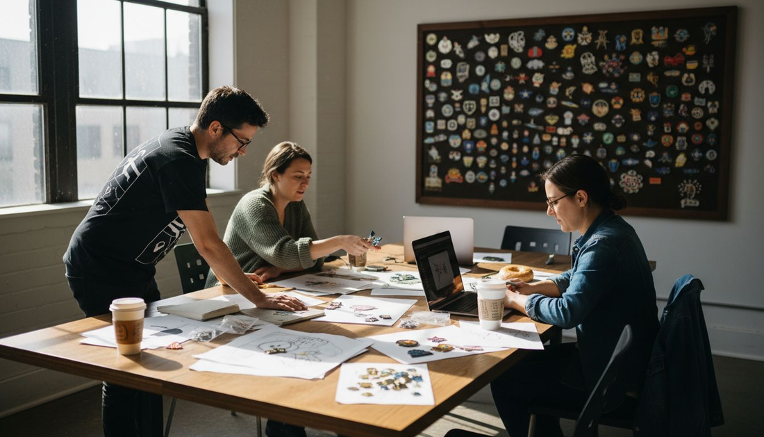 Team discusses enamel pin sketches in studio