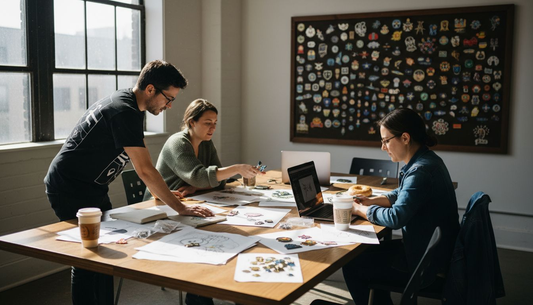 Team discusses enamel pin sketches in studio