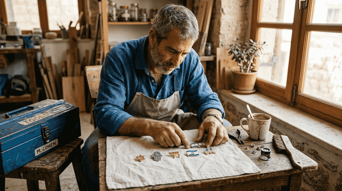 Israeli icon pins displayed by craftsman