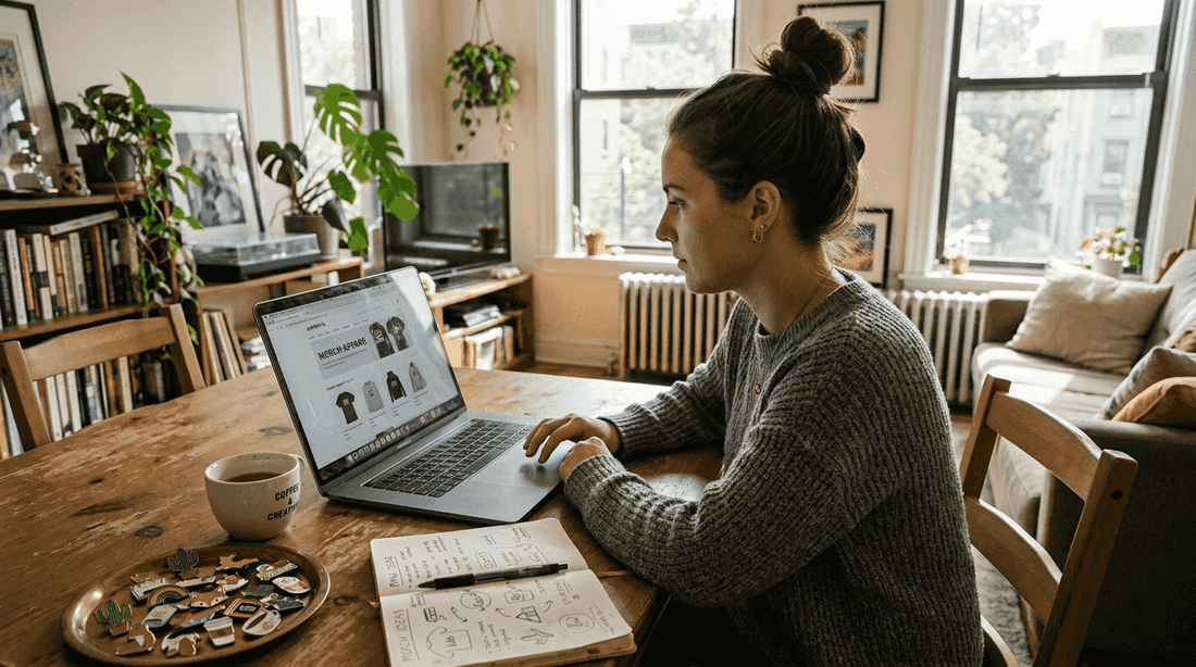 Woman browsing custom merchandise websites at home
