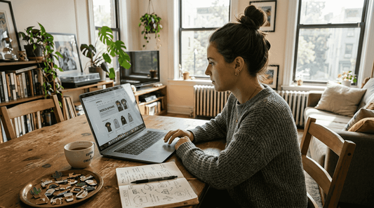Woman browsing custom merchandise websites at home