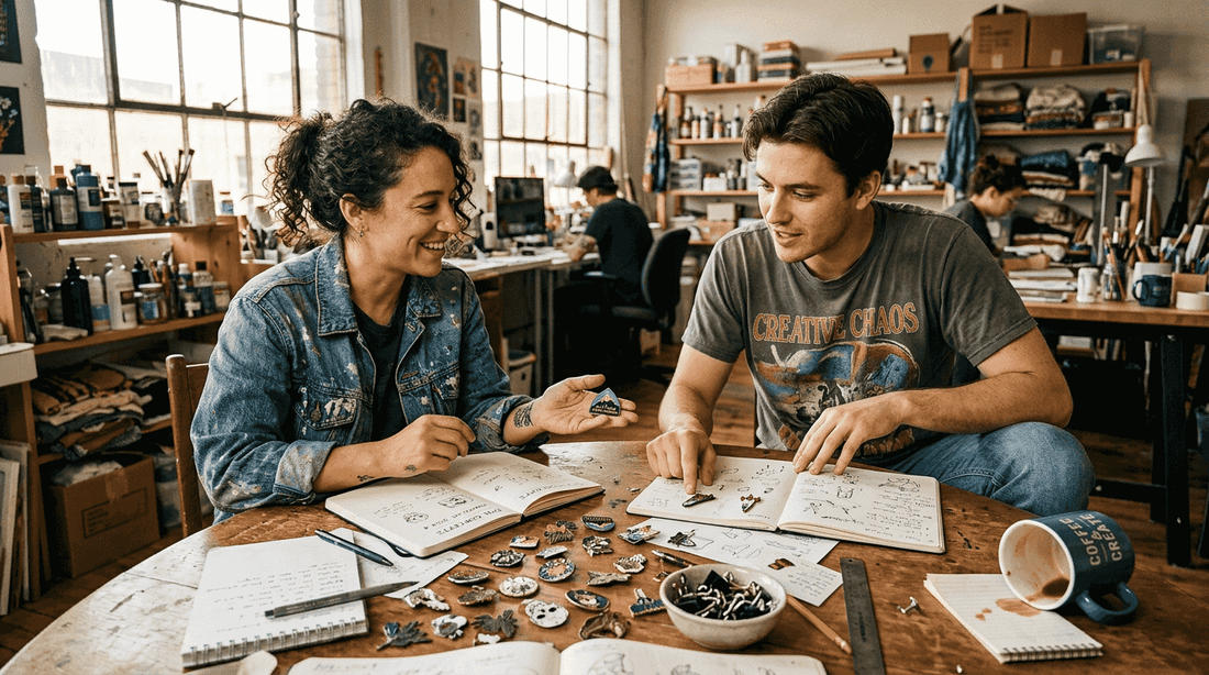 Two designers collaborating on enamel pin designs
