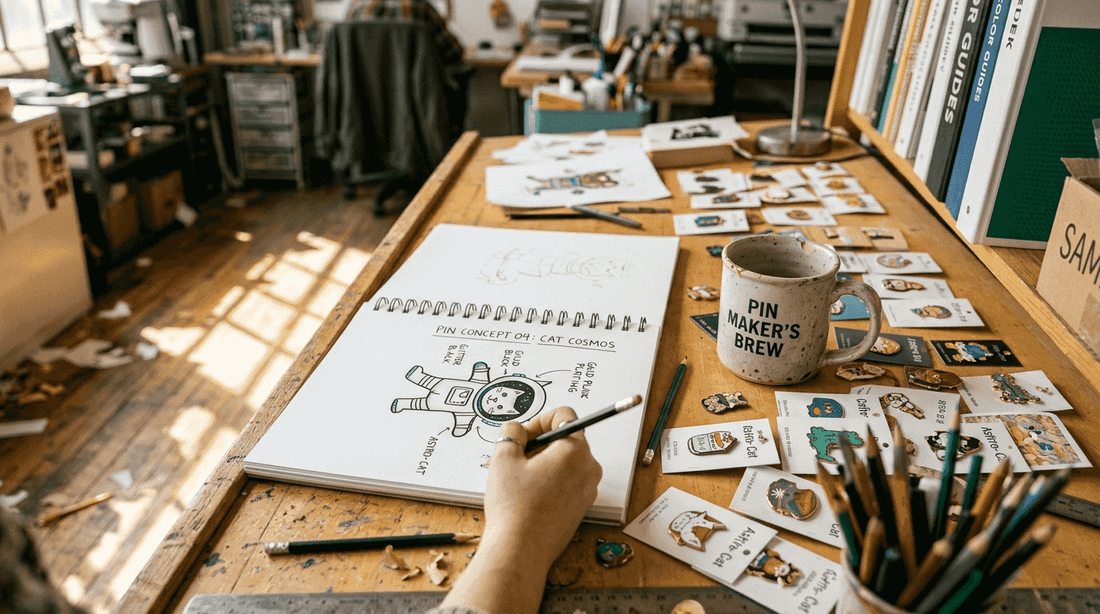 Designer sketching new enamel pin concepts