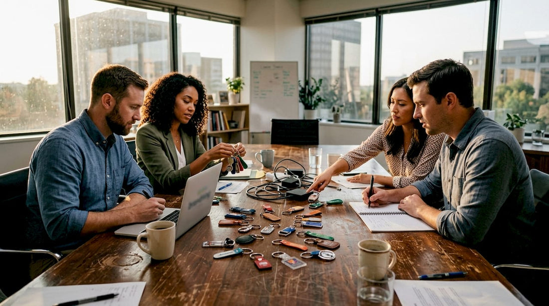 Marketing team reviewing custom keychains selection