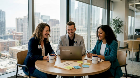 Team with custom pins in bright office setting