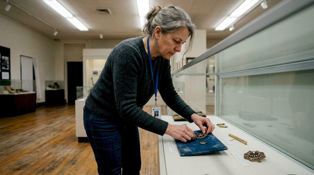 Curator arranging historic pins in museum case