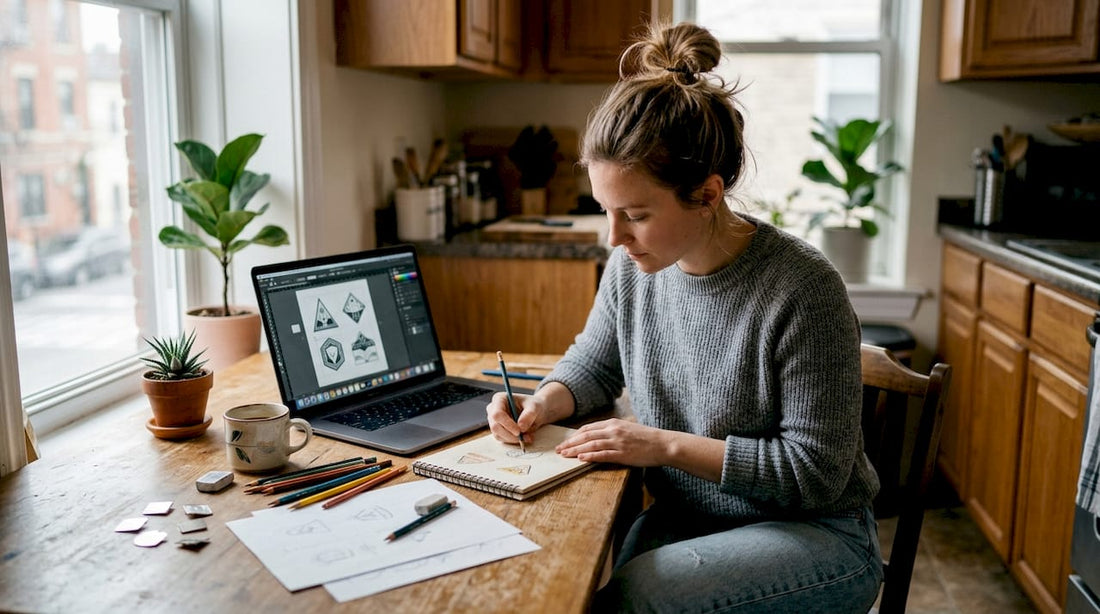 Designer sketching branding pins at workspace