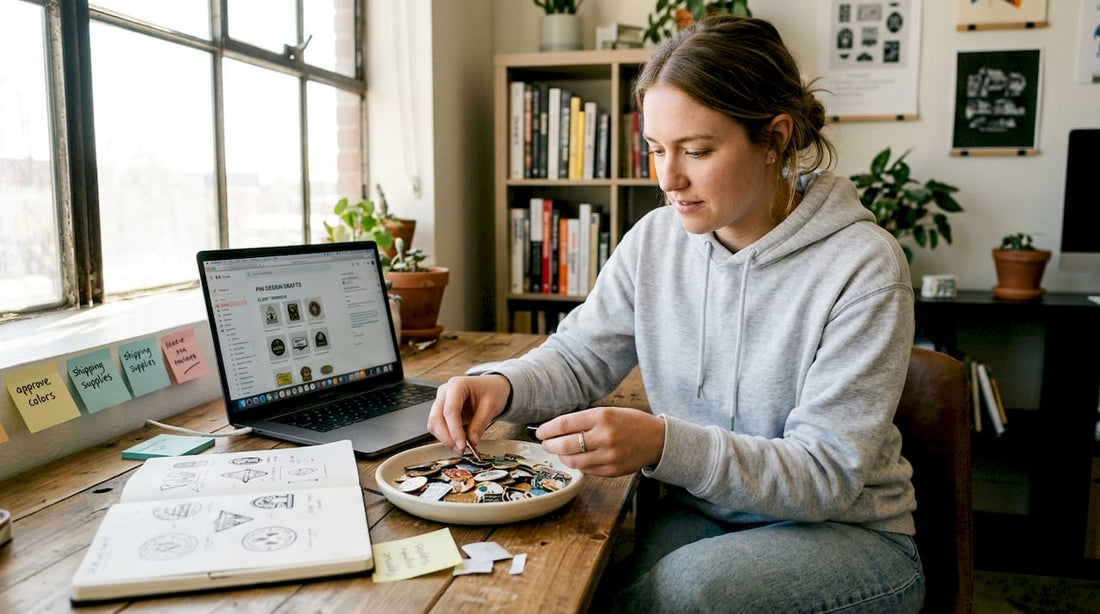 Designer sorting custom enamel pins
