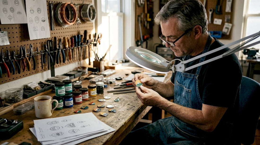 Metalworker inspecting custom enamel pin at workbench