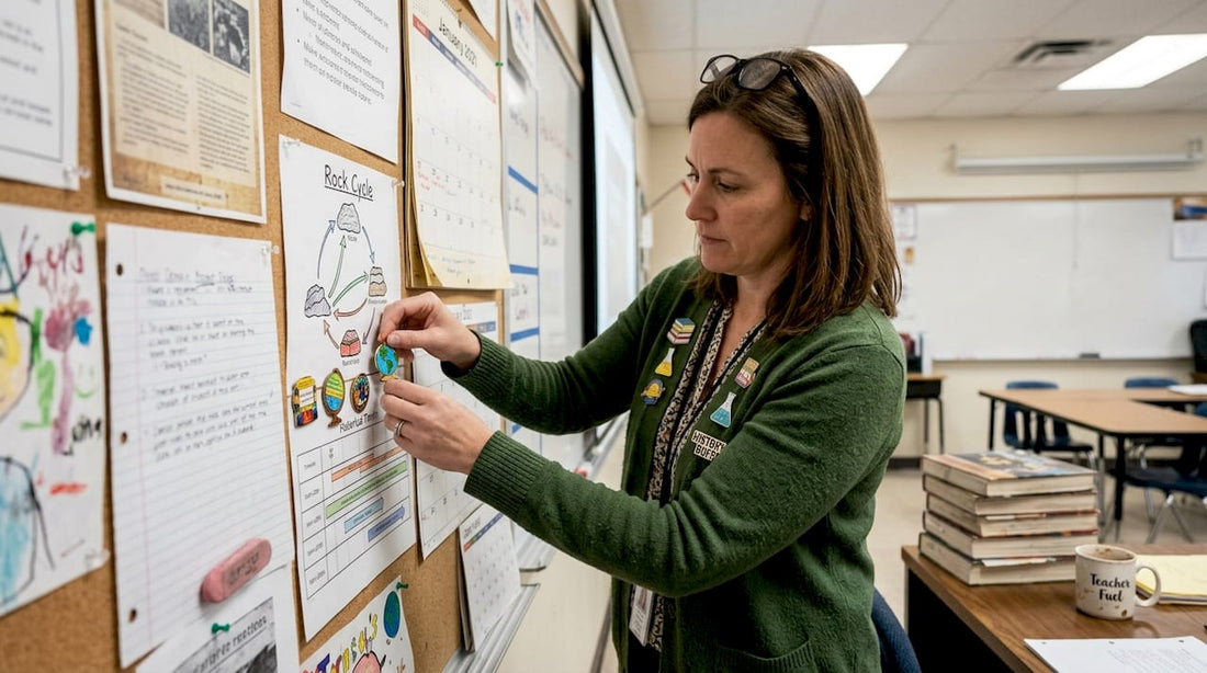 Teacher pinning enamel pins on classroom board