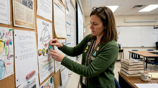 Teacher pinning enamel pins on classroom board