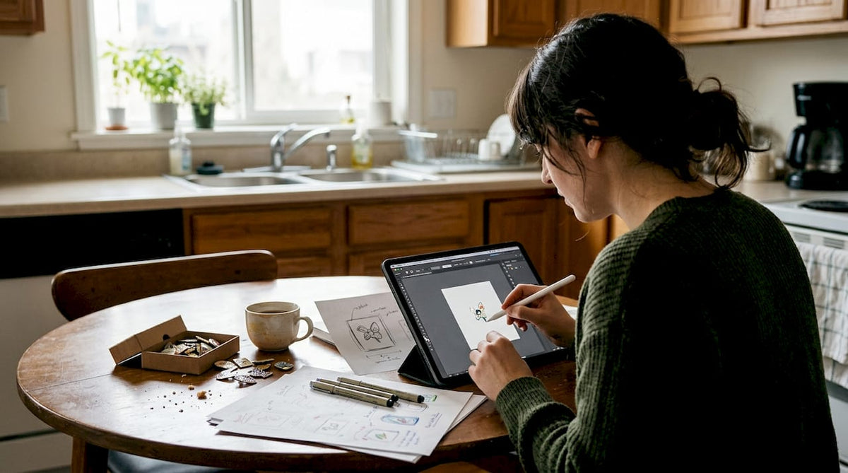 Designer reviewing custom pin sketches at kitchen table