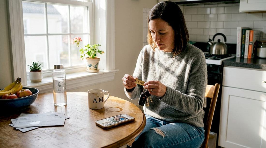 Woman using personalized accessory at kitchen table