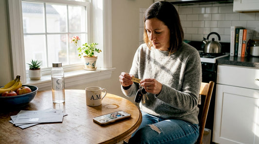 Woman using personalized accessory at kitchen table