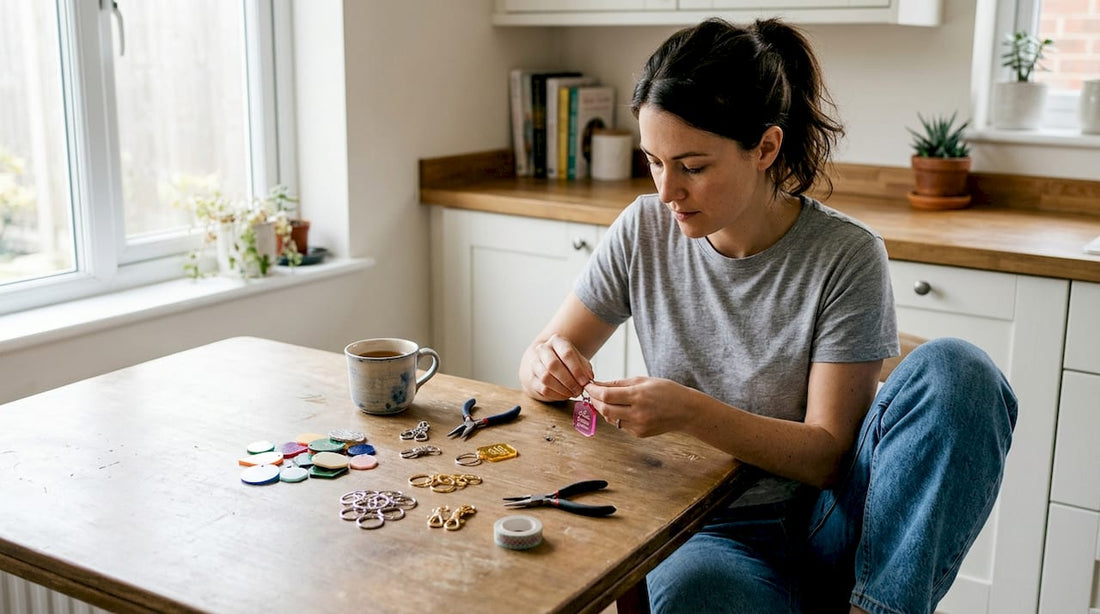 Woman assembling custom keychains at kitchen table