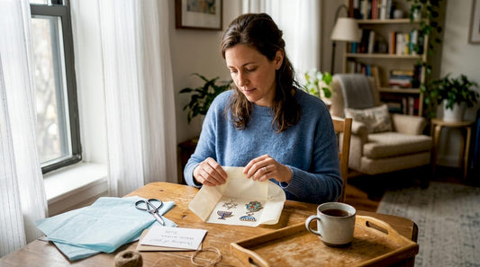 Woman wrapping Israeli icon gifts at table