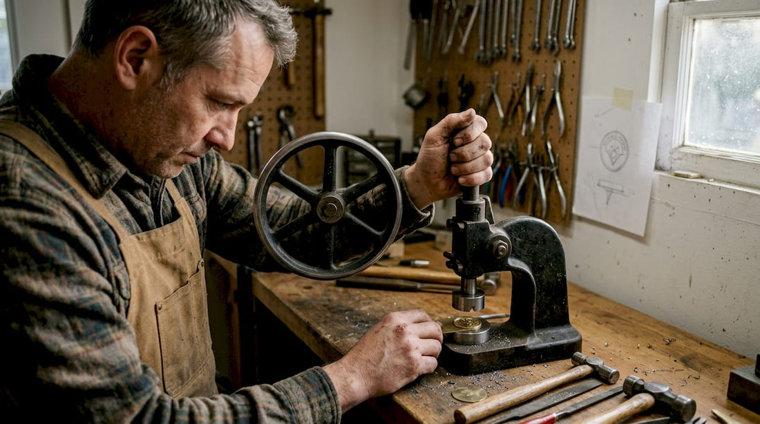 Craftsman die striking brass pin at workbench