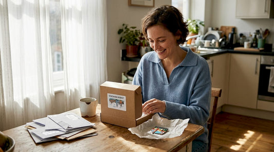 Woman unwraps custom souvenir at kitchen table