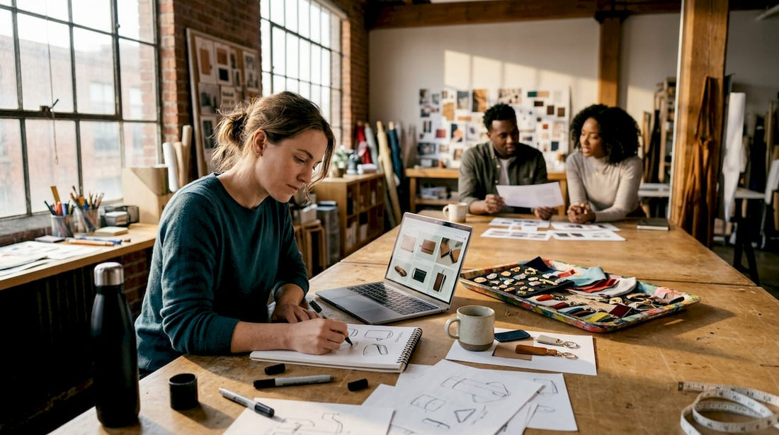 Designer sketches accessory concepts in team meeting