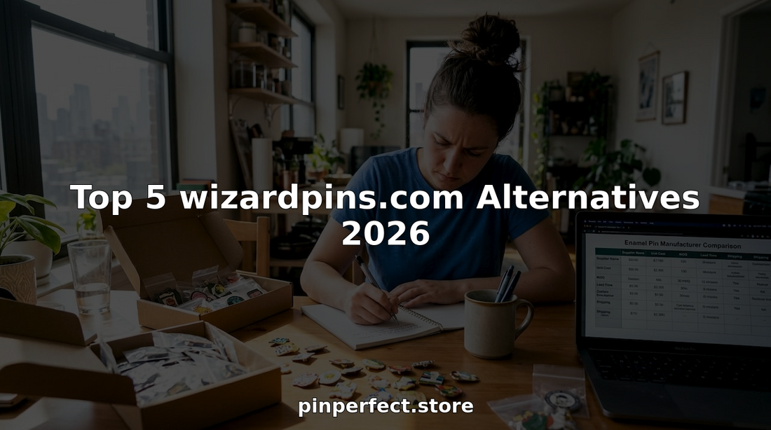 Comparing custom enamel pins at kitchen table