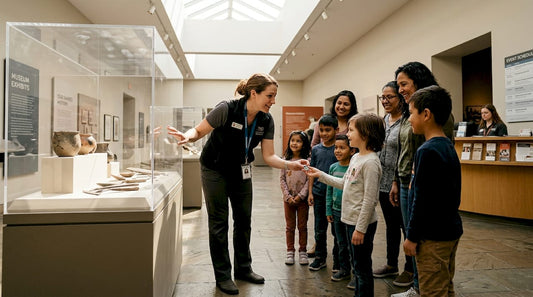 Educator giving museum pin to child