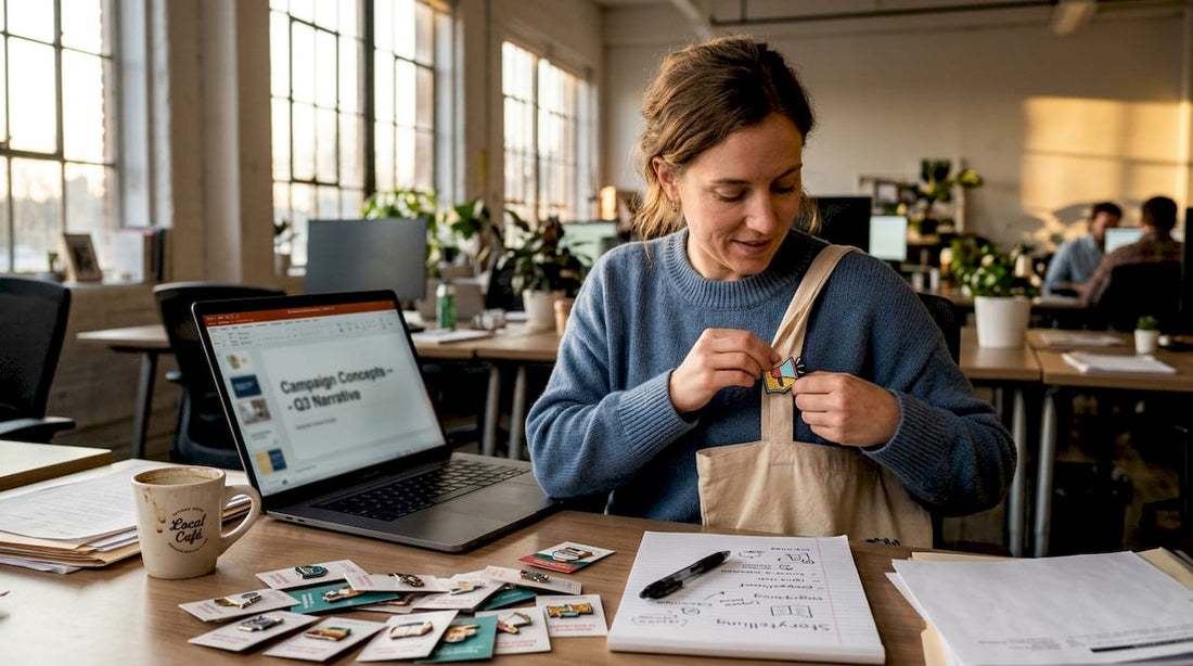 Employee pinning enamel storytelling pin at workspace