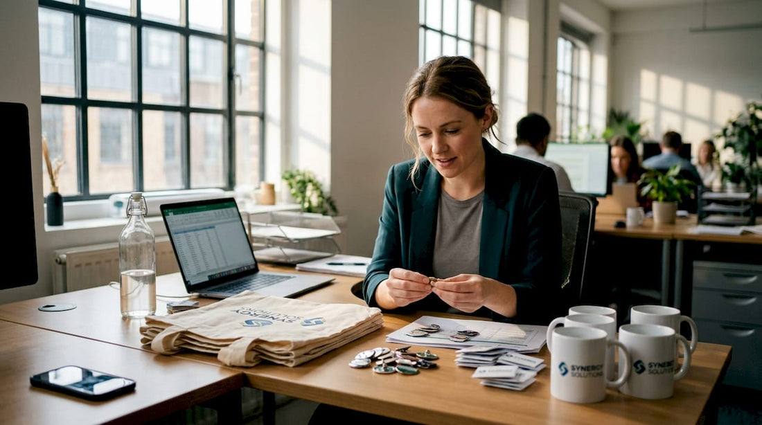 Marketer sorting branded merchandise at office desk