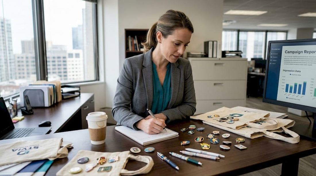 Manager reviewing custom promotional merchandise samples