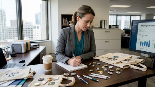 Manager reviewing custom promotional merchandise samples