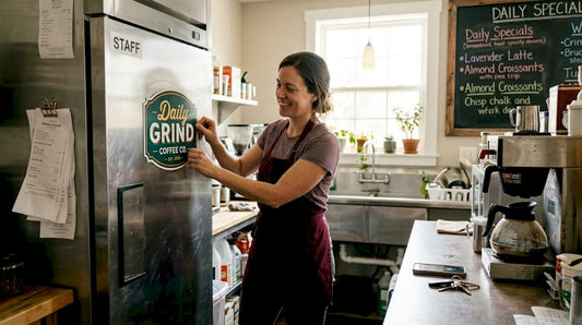 Businesswoman applies promotional magnet in staff kitchen